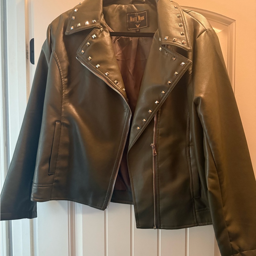 White Mark Green Studded Leather Jacket